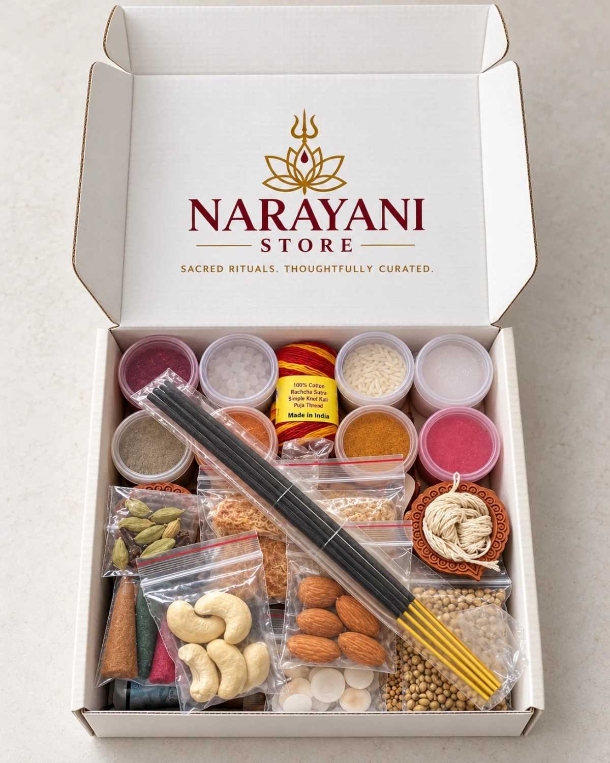 Actual Narayani Store Deepawali Puja Box in white packaging